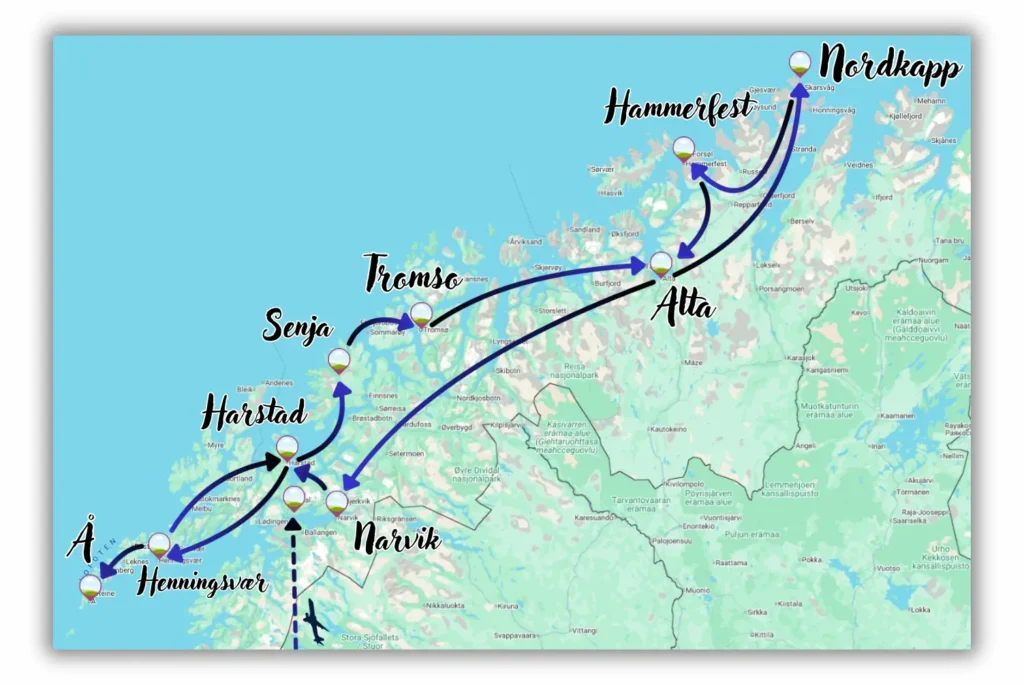 Itinerar potovanja po Norveški z destinacijami Lofoti, Tromsø, Alta in Nordkapp.